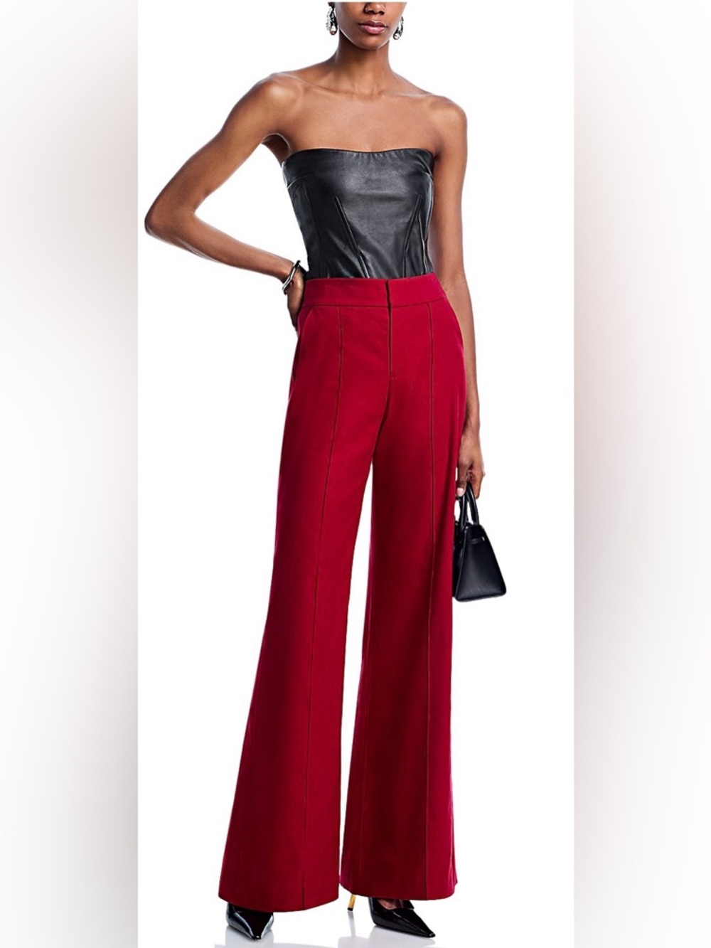 Alice + Olivia Dylan High Rise Wide Leg Pant in Dark Cherry - Picture 2 of 7